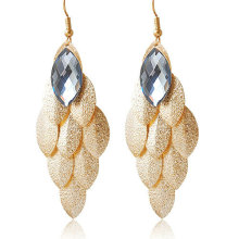 Gold strands leaves drop earring with bright glass decoration