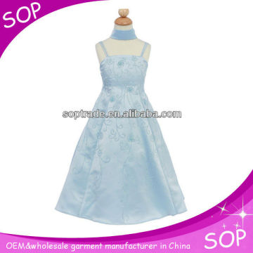 Party wears strap frock design for baby girl blue flower girls dress