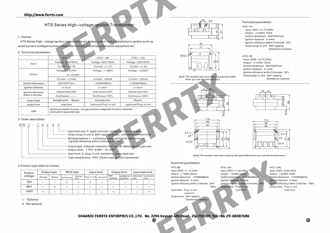 Transformador de alto voltaje del quemador Burner High Voltage Transformer
