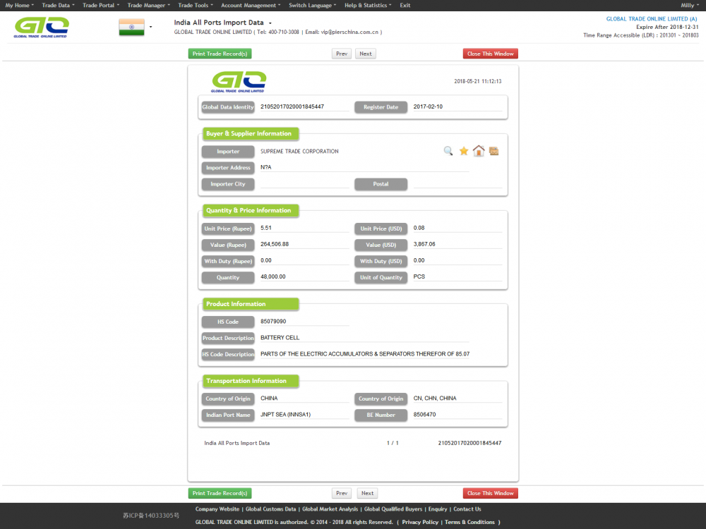 Battery cell-India Import Customs Data