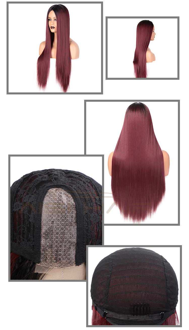 Aisi Hair Long Ombre Red Dark Root Wig Silky Straight Lace Frontal Wig Middle Part Synthetic Front Lace Hair Wigs For Women