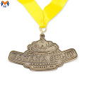 Custom metal sport medal with yellow ribbon