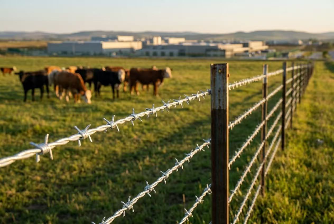 Prikkeldraadomheining | ANJIA - Veeboerderij-applicatie Multi-strand galvanized barbed wire fence on cattle ranch