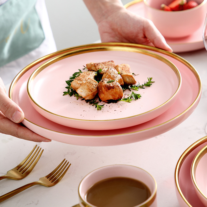 Matte Pink Porcelain Tableware Dinner Plates Dishes Gold Inlay Ceramic Cake Food Plate Bowl Set Dish for Hotel Restaurant