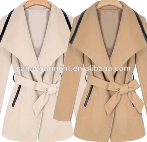 2015 European style women's lapel with fashion belt woolen coat