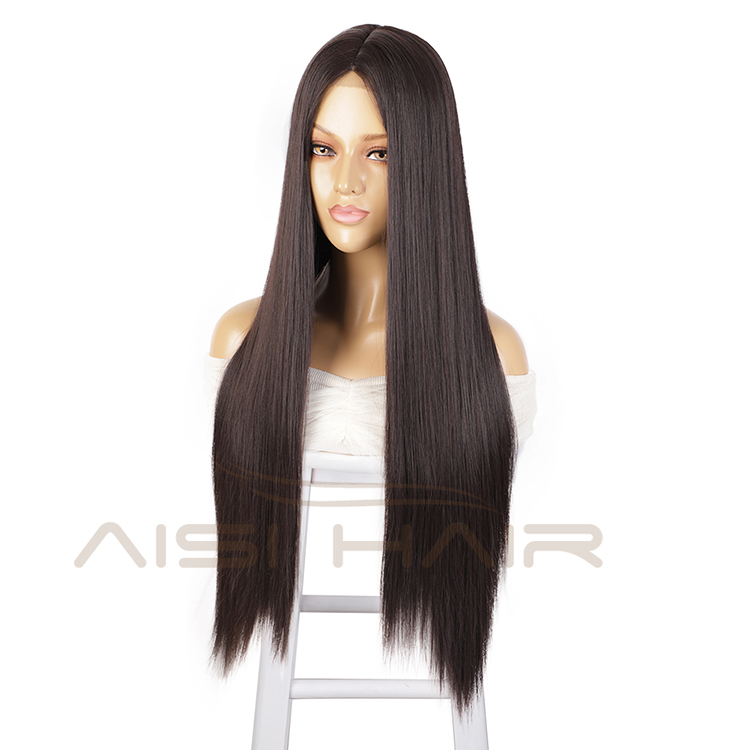 Aisi Hair 30 Inch Long Silky Straight Brown Wig Middle Part Swiss Lace Wigs Synthetic Lace Front Hair Wigs For Black Women