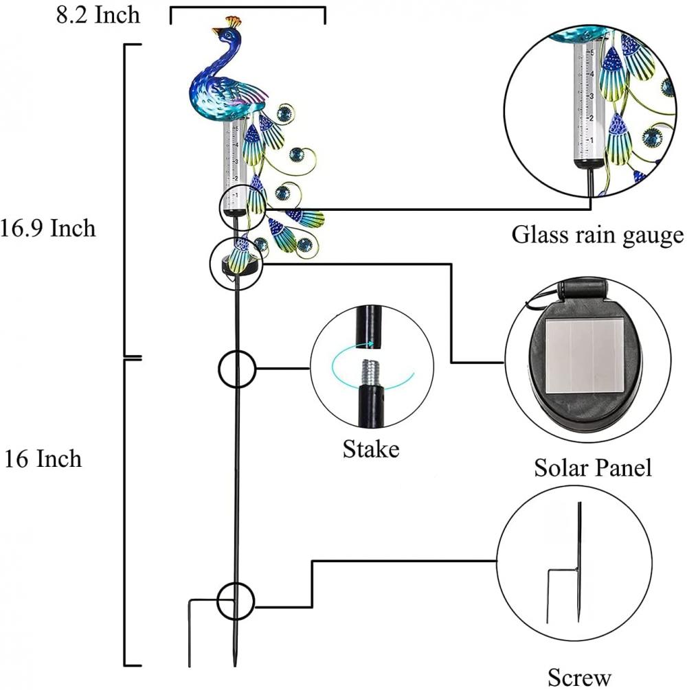 Peacock Rain Gauges con luces solares