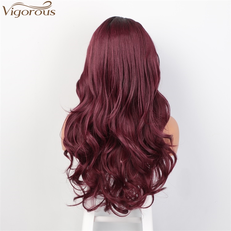 Vigorous Wholesale Lace Frontal Long Body Wavy Synthetic Wigs For Black Women Ombre Red Color High Temperature