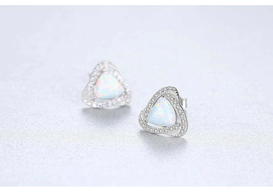 Luxury 925 Sterling Silver CZ Triangle Fire Opal Gemstone Stud Earrings