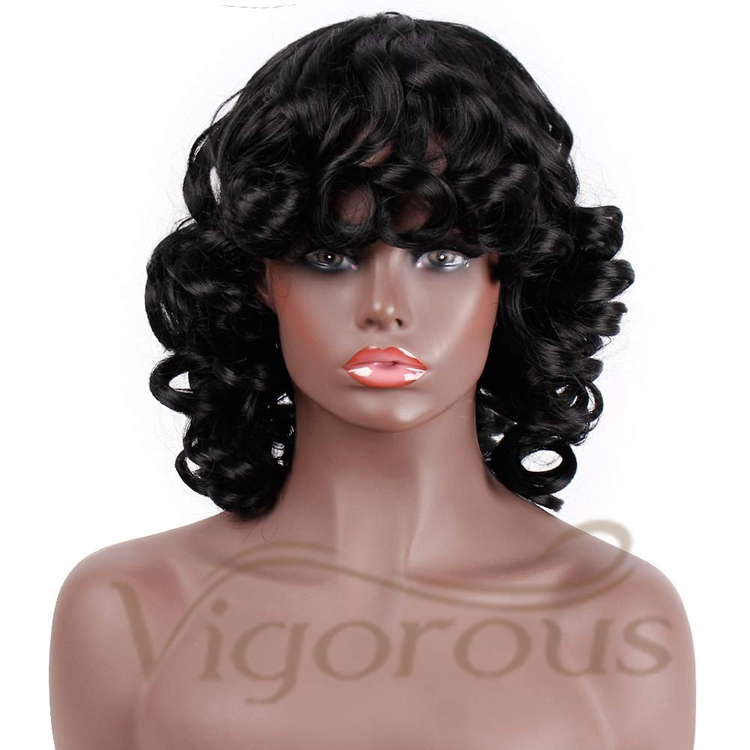 Vigorous Hot Selling Super Curl With Bangs Shoulder Length Heat Resistant Fiber Bob Cosplay For Black Women Synthetic Hair Wigs