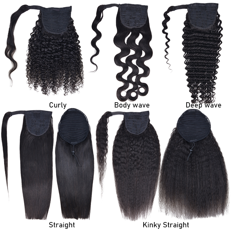 Wholesale Wrap Around Ponytail Straight Curly Body wave Human Hair Drawstring Ponytail Extension