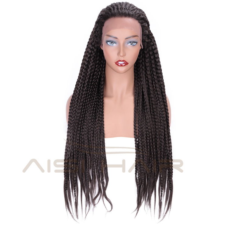 Aisi Hair Heat Resistant Braid Box Lace Front Three Braids Long Wigs Dark Brown Long Lace Front Wigs for Black Women