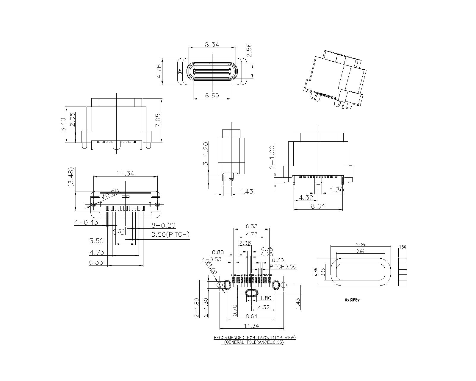 WU3.1FM72-S-X-C-X-X Type-C 16P Female Waterproof 180° SMT Type with three legs SMT WU3.1FM72-S-X-C-X-X Type-C 16P Female Waterproof 180° SMT Type with three legs SMT