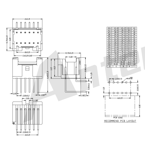 AW2015R-2XNP 2.00mm 피치 90 ° 웨이퍼 커넥터 딥 시리즈