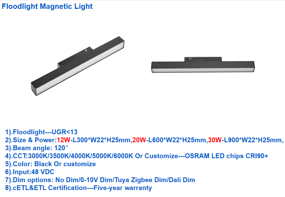 Floodlight ETL&cETL CE Certified Factory Source 48v Magnetic Led Track Light Intelligent 3CCT Adjustable RGB 0-10v Dim Dali Dim