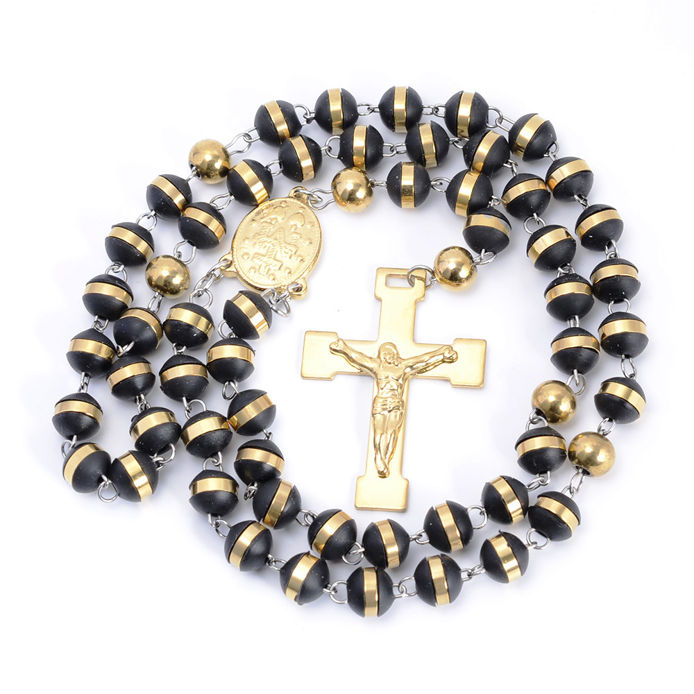 Black Rubber Beads Catholic Rosary Cross Necklace