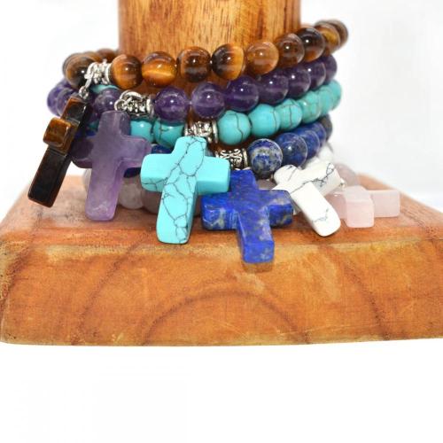 Natural Semi Precious Stone Beads Elastic Bracelet With Charms Cross Pendant