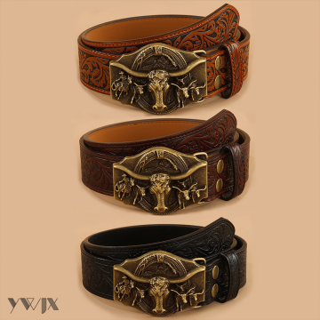 Vintage Style Bullhead Embossed Leather Belt for Women