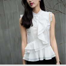 Ladies fashion sleeveness shirt, Womens OL pleated sleeveness shirt,women pullover shirt,Ladies woven shirt