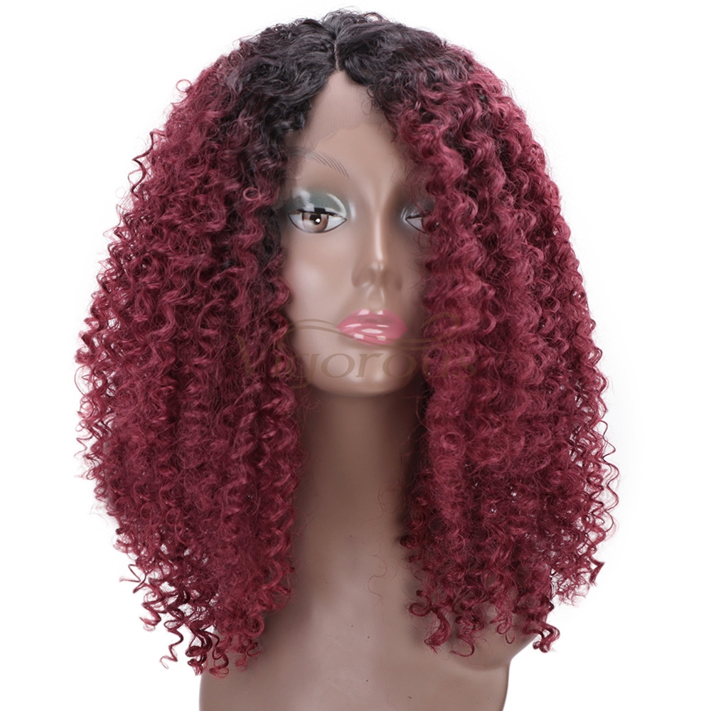Vigorous Hair Ombre Wine Red Synthetic Lace Front Wig Short Kinky Curly Wigs for Black Women Daily Party Cosplay Wig 16 Inch
