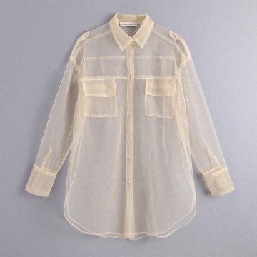 Long Sleeve White See Through Shirt Blouses Top