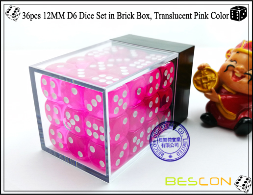 36pcs 12MM D6 Dice Set in Brick Box, Translucent Pink Color-3