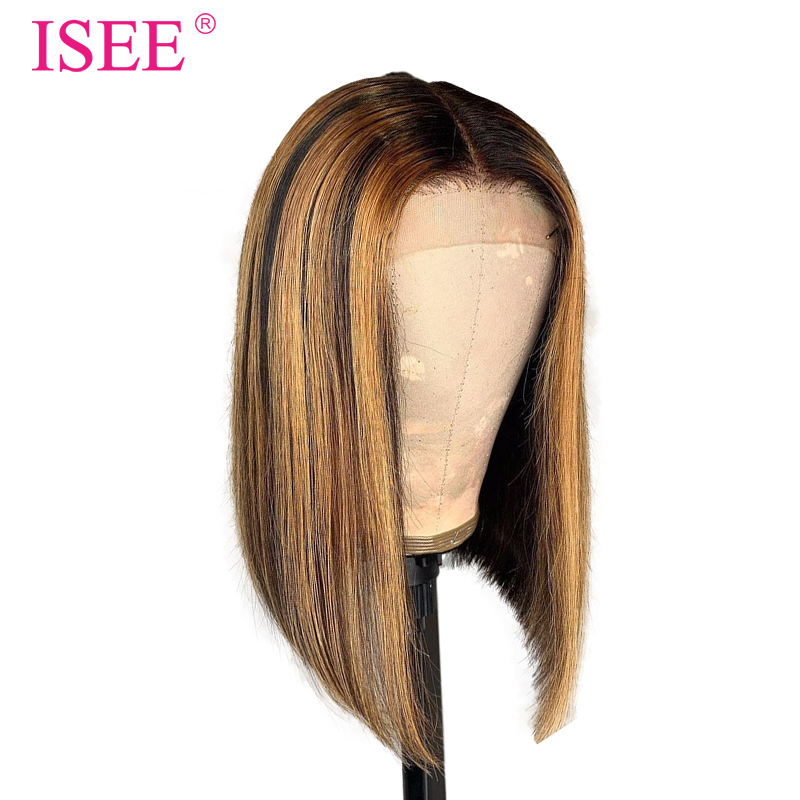 Cheap Hightlight Piano Color Blunt Cut Double Drawn Wig, Bone Straight 4/27 Raw Brazilian Human Hair Lace Front Bob Wig