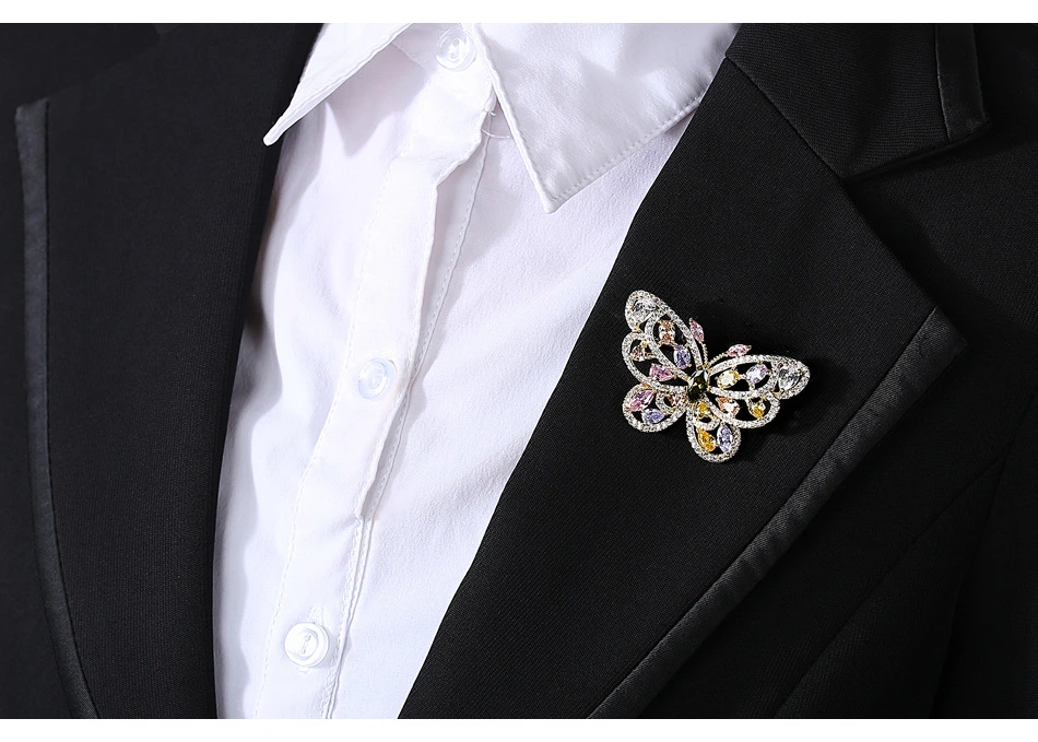 Rainbow Color Gold Plated CZ Butterfly Brass Brooch