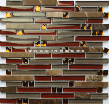 Glass stone blend random strip mosaic tile for house outdoor design