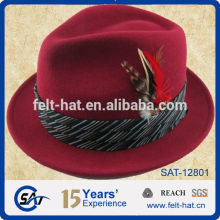 red wool felt hat trilby hat with feathers