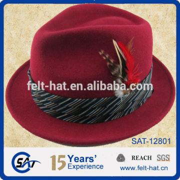 red wool felt hat trilby hat with feathers