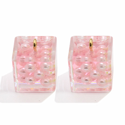 Perline in resina trasparente cubo da 14 mm con perle di pera di simulazione Charms in resina con pendente di riempimento per collana di orecchini che fa accessorio