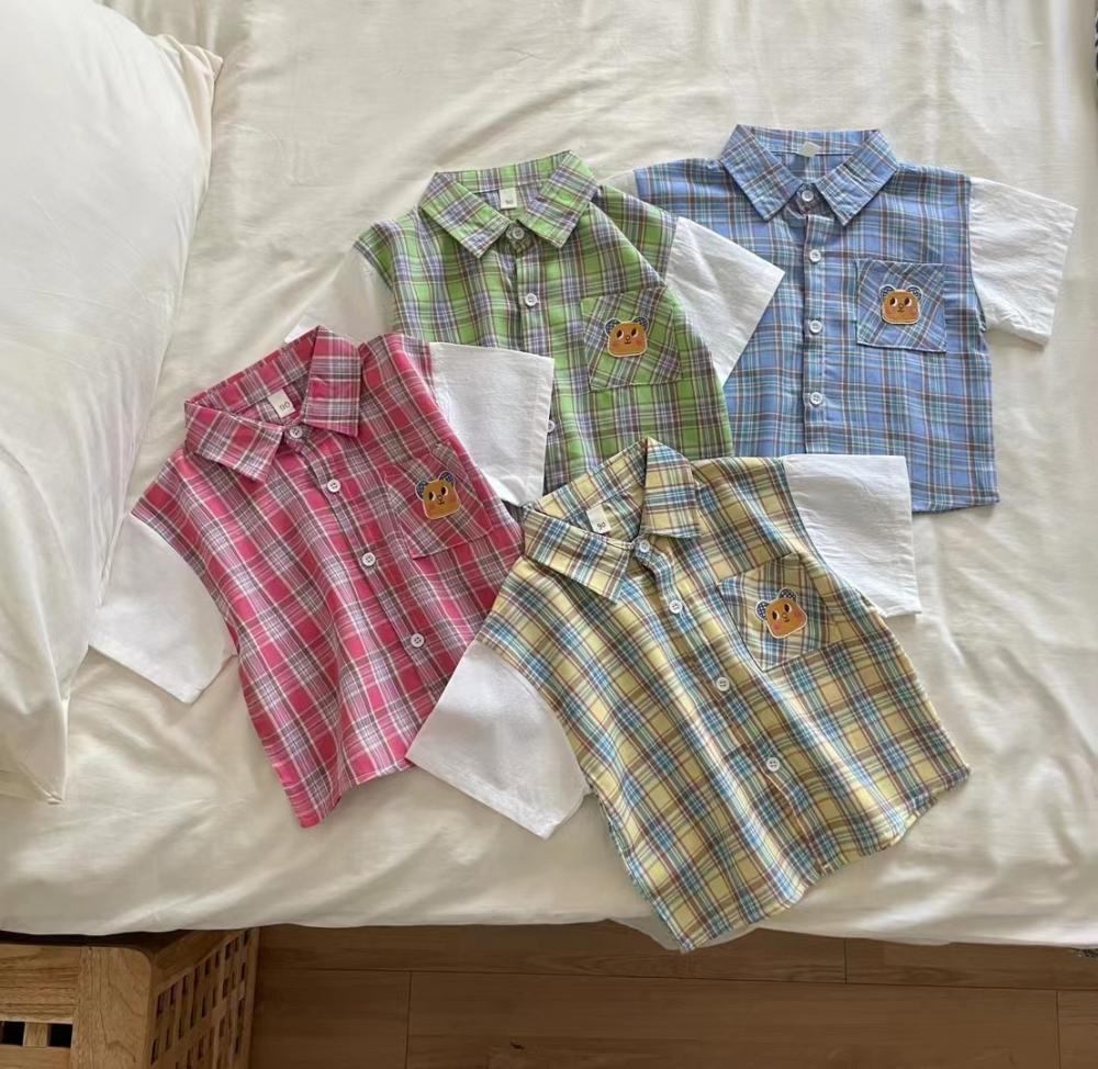 Summer Short Sleeves Cartoon Embroidery Baby Checked Shirt