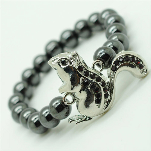 Hematite 8MM Round Beads Stretch Gemstone Bracelet with Diamante alloy squirrel Piece