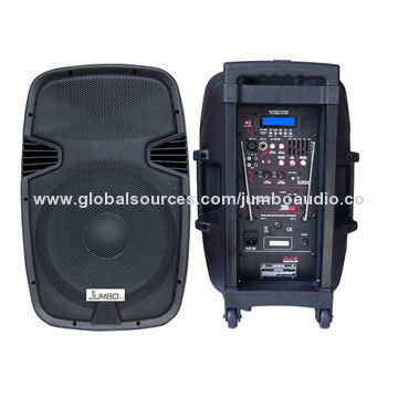 15" portable speaker box with rechargeable battery and wireless microphone and MP3 player