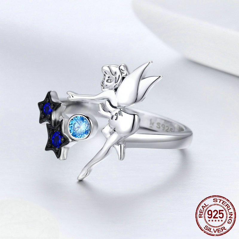 women gemstone ring adjustable 925 sterling silver Fairies star angel wings rings metal ring