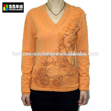 Top Quality Pure Cashmere Sweater, Orange V Neck Warm Cashmere Sweater