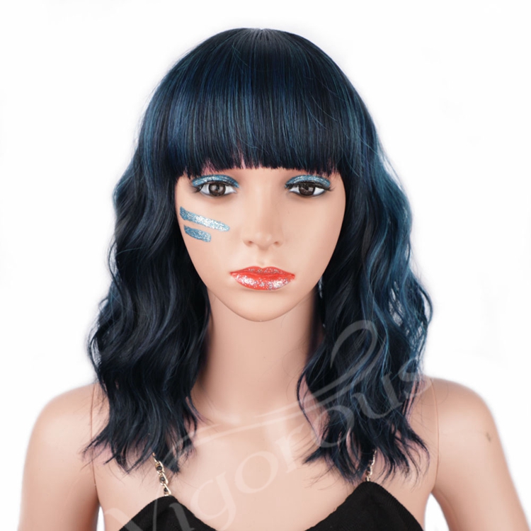 Hot Selling Water Wave With Bang Bob Mixed Blue Black Manufacturers High Quality Cheap Heat Resistant Synthetic Wigs