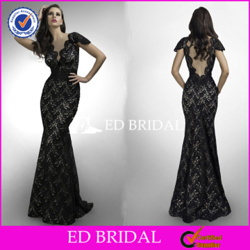 XL831 black cap sleeve lace fishtail see through back 2014 evening dresses from dubai