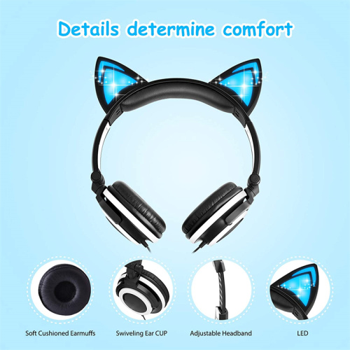 Auriculares plegables con orejas de gato y orejas LED