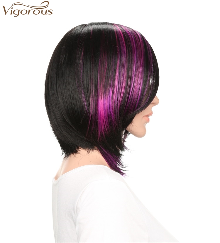 Vigorous Black Mix Purple Silky Straight Wigs With Part Side Bangs For Women Synthetic Fiber Heat Resistant Glueless Hair Wigs