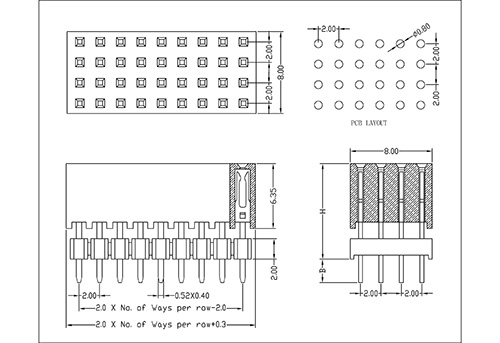 2.0 mm Female Header Four Row Straight Type Add Housing H6.35 PC104D05-XXFXXX