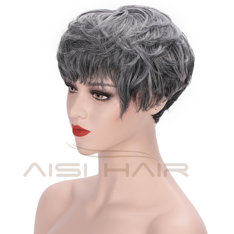 Aisi Hair Heat Resistant Fiber Straight Short Hair Bob Wigs with Neat Bangs Grey Mixed Black Short Bob Wigs for Women