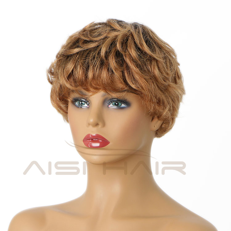 Aisi Hair Glueless Natural Kosher Wigs Brazilian In Dubai 150% Density Ombre Brown Pixie Cut Curly Wave Wig Human Hair