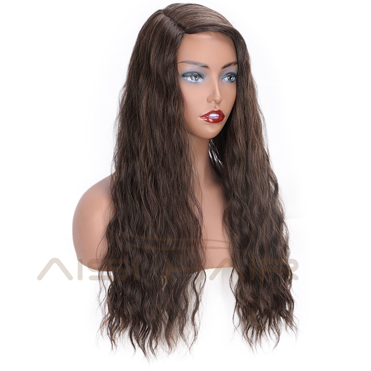 Aisi Hair Brown Color Lace Part Heat Resistant Synthetic Hair Wigs with Bangs Long Wavy Side Part Wigs for Black Women