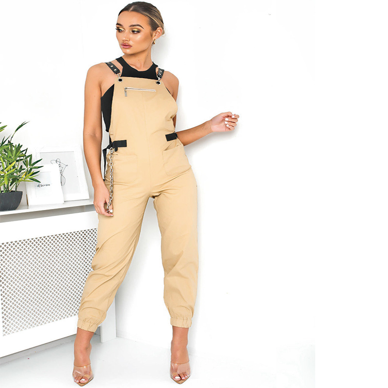 High quality women skinny cargo dungarees solid beige for causal wear