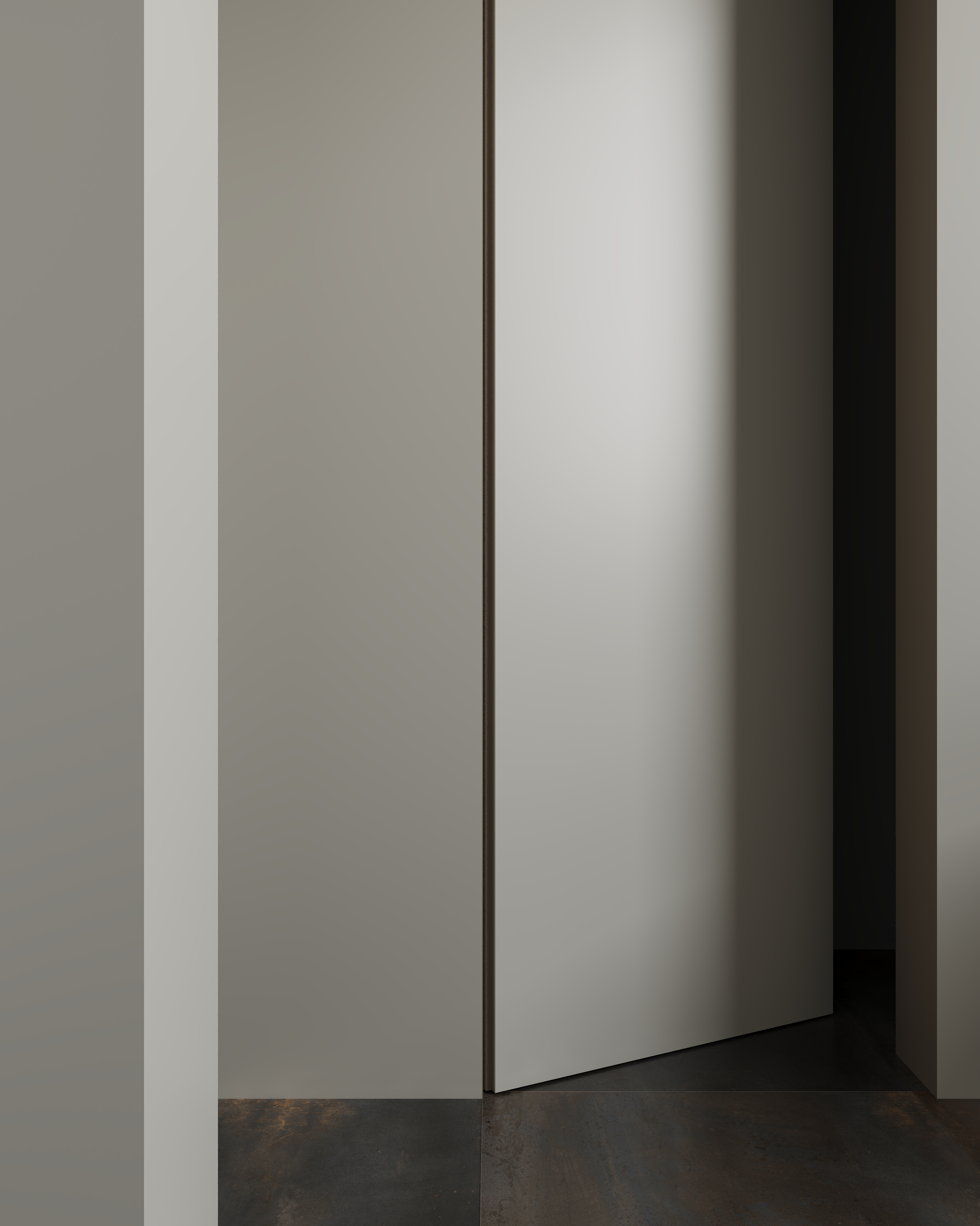 Visualização detalhada do perfil minimalista da porta com dobradiças sem moldura