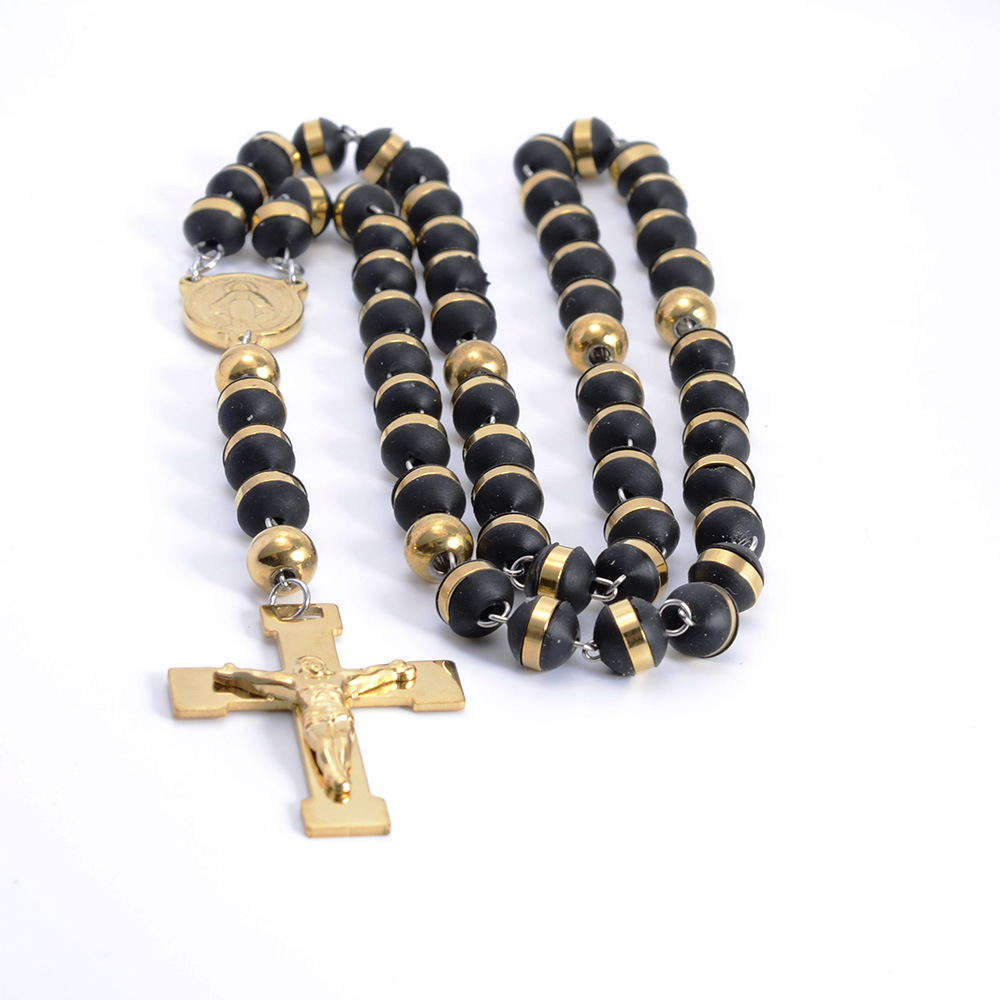 Black Rubber Beads Catholic Rosary Cross Necklace