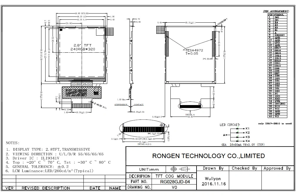 Ronen 240X320 Pixels 2.8 Inch TFT LCD Screen Factory Direct TFT LCD Module with 16bit MCU Interface