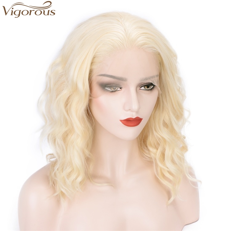 Vigorous High Quality Cosplay White Women Wigs Lace Front Wigs Blonde Heat Resistant Synthetic Short Bob Wavy Wigs
